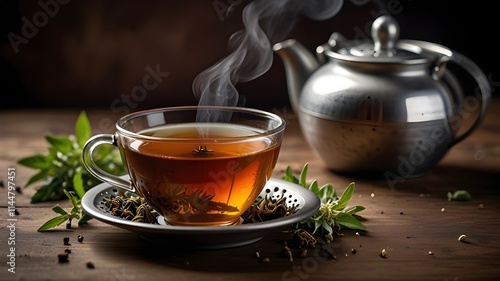 A steaming cup of herbal tea with loose tea leaves and a strainer on the side