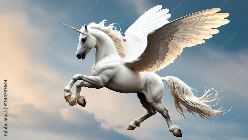 A majestic, snow-white Pegasus, with a muscular physique, prancing in mid-air, its powerful wings outstretched, feathery and pure white, with a subtle sheen, as if bathed in soft, golden light, cutout A majestic, snow-white Pegasus, with a muscular physique, prancing in mid-air, its powerful wings outstretched, feathery and pure white, with a subtle sheen, as if bathed in soft, golden light, cutout