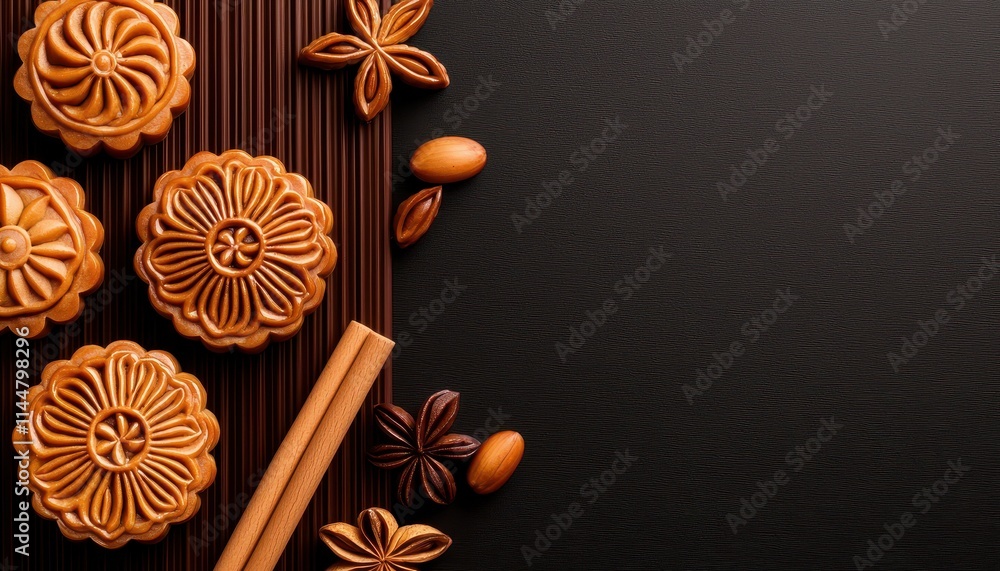 Delicious mooncakes with intricate designs on a dark background. Delicious mooncakes with intricate designs on a dark background.