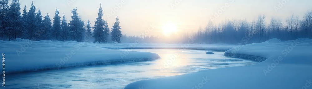 A tranquil winter scene showcasing a river surrounded by snow-covered trees. A tranquil winter scene showcasing a river surrounded by snow-covered trees.
