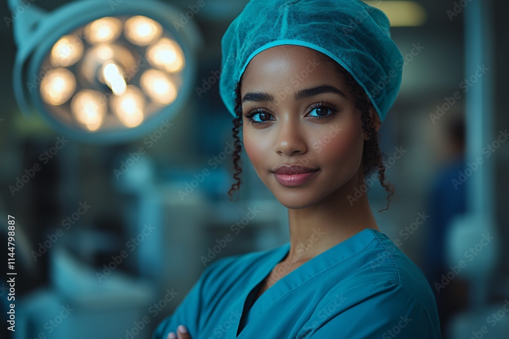 A focused female surgeon in teal scrubs and a surgical cap standing with arms crossed in an operating room, with surgical lights glowing softly in the background. The scene emphasizes professionalism A focused female surgeon in teal scrubs and a surgical cap standing with arms crossed in an operating room, with surgical lights glowing softly in the background. The scene emphasizes professionalism