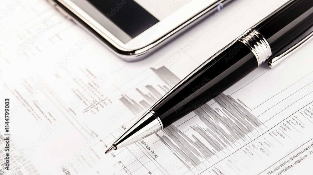 Elegant black and gold pen placed on a detailed financial report with geometric bar charts and data visualizations, embodying professionalism and minimalist office aesthetics. Elegant black and gold pen placed on a detailed financial report with geometric bar charts and data visualizations, embodying professionalism and minimalist office aesthetics.