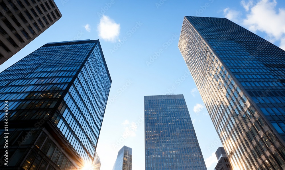 Skyscrapers reaching towards a clear blue sky with sunlight reflections. Skyscrapers reaching towards a clear blue sky with sunlight reflections.