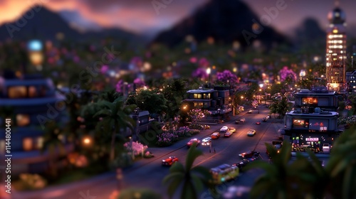 Night Cityscape: Tropical Metropolis at Dusk, Illuminated Streets and Buildings photo