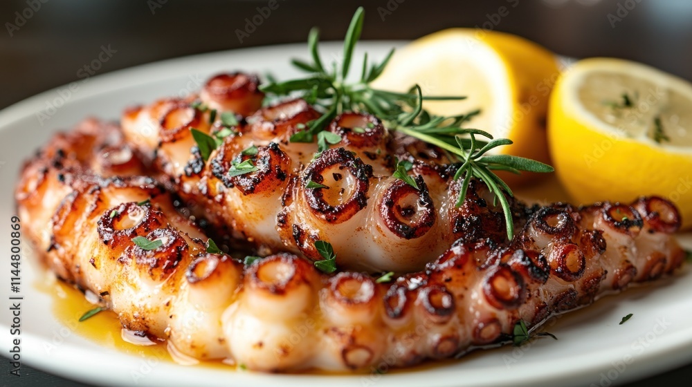 Grilled octopus with lemon and herbs on a plate. Grilled octopus with lemon and herbs on a plate.