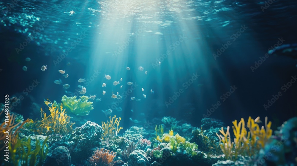 Naklejka premium Aquaculture and marine fauna create an engaging background, perfect for design templates and watery wallpapers. Ideal for projects requiring aquatic visuals or themes.