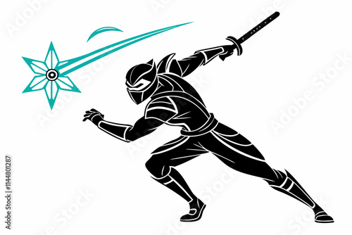 Cyber Ninja, A sleek futuristic ninja with glowing blades or shuriken vector silhouette on a white background