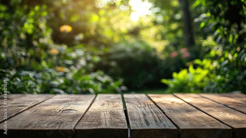 Empty wooden deck table positioned against a blurred terrace surrounded by lush garden greenery. The wooden deck table creates an inviting atmosphere with ample copy space. Empty wooden deck table positioned against a blurred terrace surrounded by lush garden greenery. The wooden deck table creates an inviting atmosphere with ample copy space.