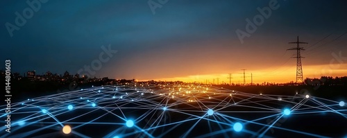 Smart grid technology enhances urban electricity distribution and transmission at sunset