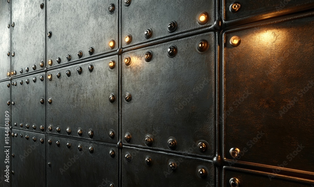 Fototapeta premium Dark metal wall, riveted panels, subtle lighting.
