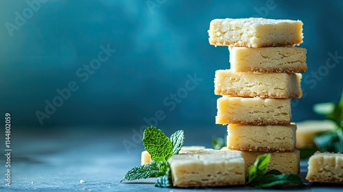 Delightful stack of 7 Scottish shortbread cookies elegantly arranged on a fresh mint background. This image captures the texture and design of Scottish shortbread, with ample copy space. photo