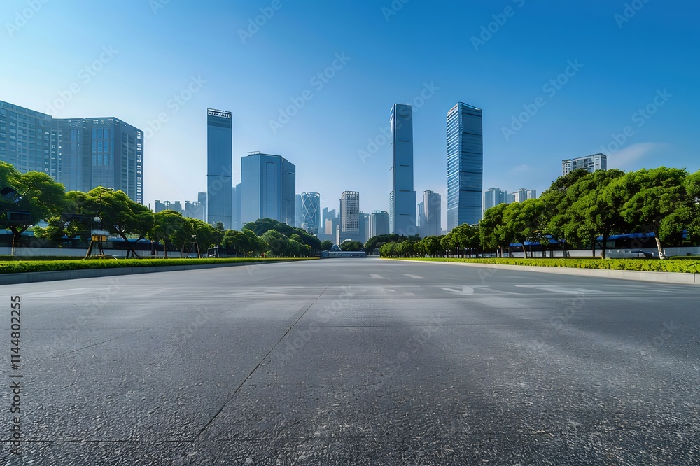 Empty city street with modern skyscrapers in background. Empty city street with modern skyscrapers in background.