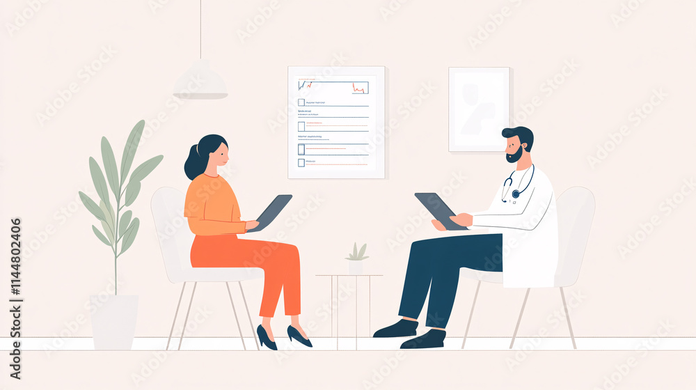 A doctor using a tablet to review a patient's digital health records during a consultation. The tablet screen shows an intuitive interface with tabs for lab results and treatment notes. The patient A doctor using a tablet to review a patient's digital health records during a consultation. The tablet screen shows an intuitive interface with tabs for lab results and treatment notes. The patient