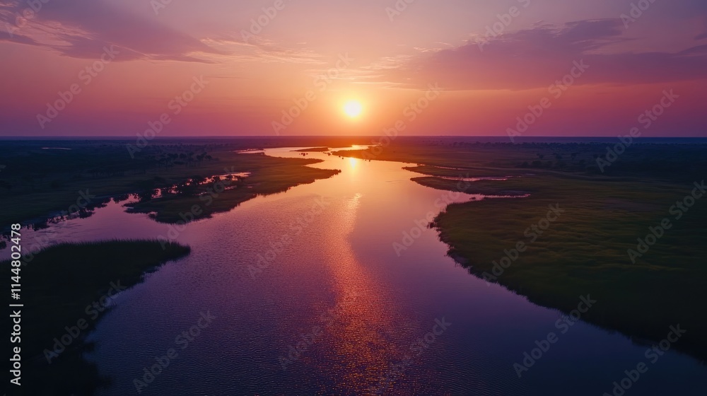 Fototapeta premium Aerial view of the serene Okavango river at sunset, capturing the tranquil beauty of the landscape. The vibrant colors create a stunning scene, offering ample photo style copy space.