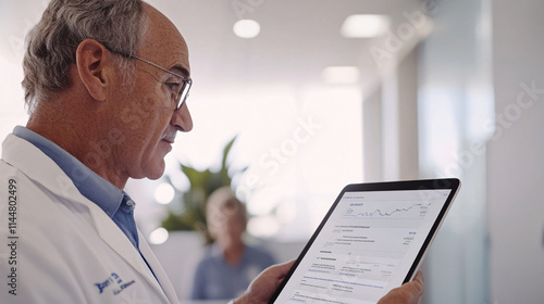 A doctor using a tablet to review a patient's digital health records during a consultation. The tablet screen shows an intuitive interface with tabs for lab results and treatment notes. The patient