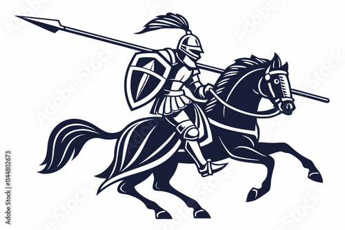 Knight on Horseback, A mounted warrior holding a lance or banner vector silhouette on a white background