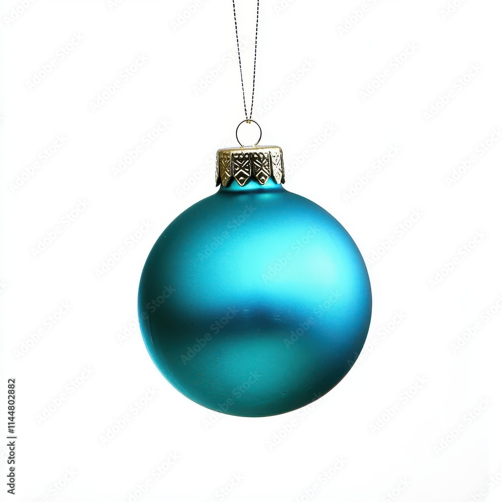 Turquoise Christmas ornament hangs on a thread, against an isolated white background Turquoise Christmas ornament hangs on a thread, against an isolated white background