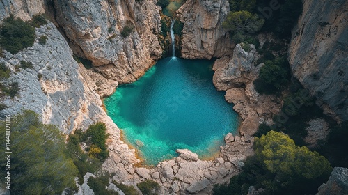 High-angle view of a hidden turquoise pool nestled within a rocky canyon, surrounded by lush greenery and cliffs.