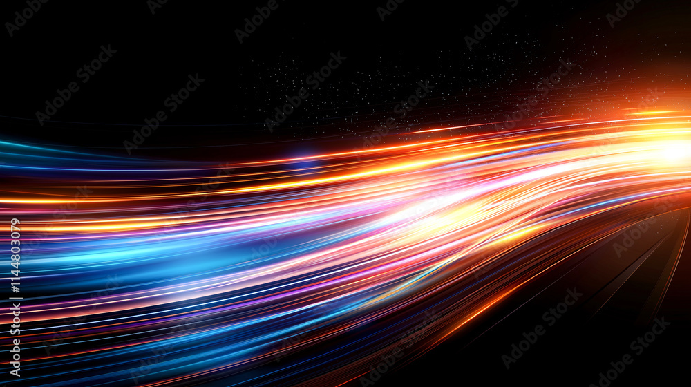 Vibrant abstract background with light trails in blue, orange, and white, creating sense of speed and motion. Perfect for technology and design themes Vibrant abstract background with light trails in blue, orange, and white, creating sense of speed and motion. Perfect for technology and design themes