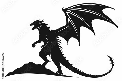 Monster, A massive creature dragon with sharp claws and glowing eyes vector silhouette on a white background