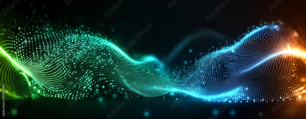 Abstract background with glowing green, blue, and orange waves, creating dynamic and vibrant visual effect. design features flowing lines and dots, evoking sense of movement and energy Abstract background with glowing green, blue, and orange waves, creating dynamic and vibrant visual effect. design features flowing lines and dots, evoking sense of movement and energy