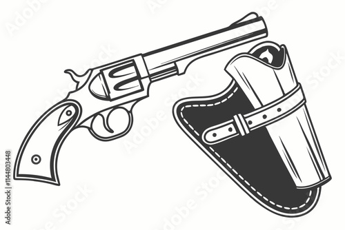 Pistol and Holster, A detailed revolver paired with a holster or a futuristic blaster vector silhouette on a white background