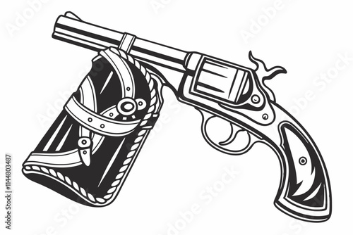 Pistol and Holster, A detailed revolver paired with a holster or a futuristic blaster vector silhouette on a white background