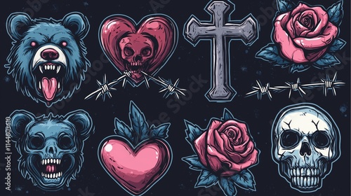 Grunge-style designs with a bear, skulls, roses, and barbed wire on a dark background