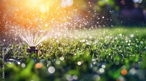 Close-up of an irrigation system spraying water over lush green grass, creating a vibrant rainbow effect. This image captures the beauty of fresh water on grass in a garden setting.