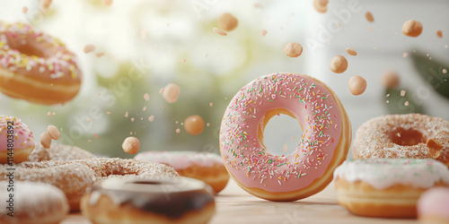 A playful image of donuts with various toppings, including pink icing and sprinkles, gracefully floating as if defying gravity in a delightful scene. photo