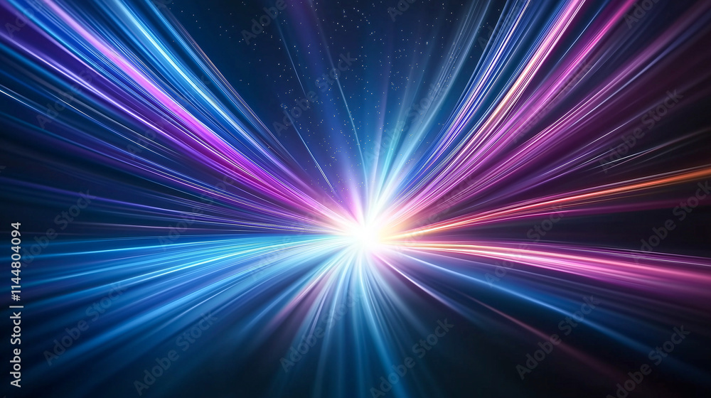 Vibrant blue and purple light rays converge towards bright center, creating dynamic and abstract visual effect. This evokes sense of movement and energy Vibrant blue and purple light rays converge towards bright center, creating dynamic and abstract visual effect. This evokes sense of movement and energy