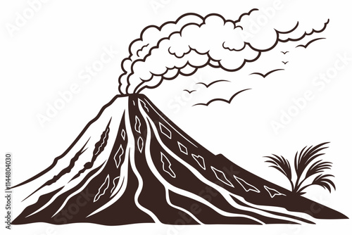 Volcano Lair, A fiery mountain with lava flowing down the sides and smoke rising from the crater vector silhouette on a white background