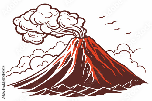 Volcano Lair, A fiery mountain with lava flowing down the sides and smoke rising from the crater vector silhouette on a white background