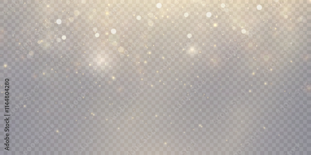 Golden bright dust of light bokeh and glitter. Festive glowing bokeh and sparkles overlay texture for your design on transparent background. Golden particles abstract vector background. Golden bright dust of light bokeh and glitter. Festive glowing bokeh and sparkles overlay texture for your design on transparent background. Golden particles abstract vector background.