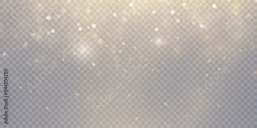 Golden bright dust of light bokeh and glitter. Festive glowing bokeh and sparkles overlay texture for your design on transparent background. Golden particles abstract vector background.	