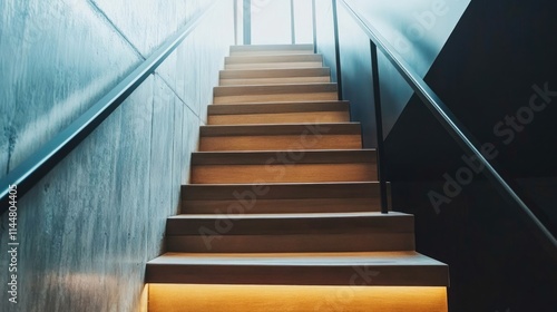 Contemporary staircase design with sleek metal railing and warm wooden steps  providing a modern aesthetic and ample copy space for your creative projects.