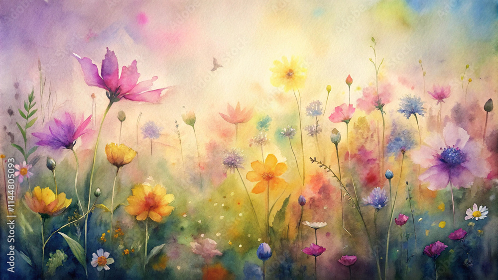 Obraz premium Watercolor wildflower meadow background, scattered colorful wildflowers in a vibrant field, artistic concept