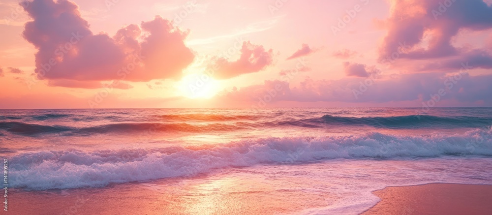Fototapeta premium Serene sunset over the ocean with soft waves and pastel skies.