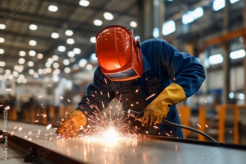 Worker welding metal, creating sparks in an industrial setting.