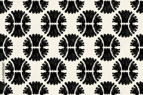 Vector seamless floral pattern with black leaf silhouettes. Ikat embroidery on the fabric. Geometric ethnic oriental seamless pattern.Aztec style. Motifs African boho Floral. 