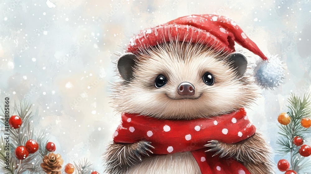 happy cute hedgehog in christmas cloth watercolor ai generated happy cute hedgehog in christmas cloth watercolor ai generated
