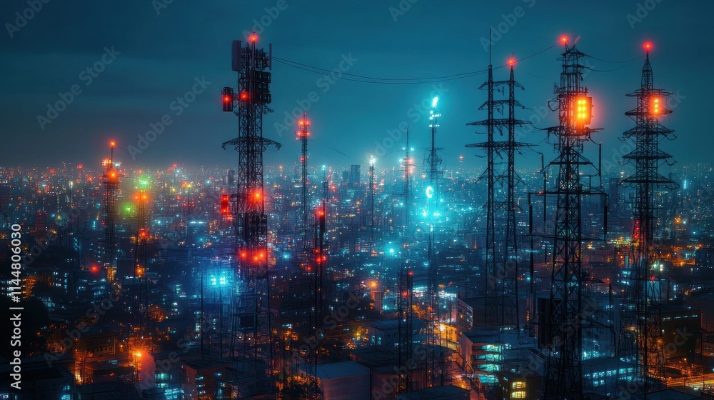 Fototapeta premium Night cityscape with illuminated communication towers.