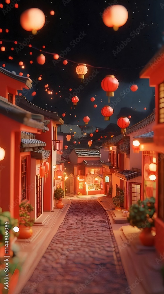 Night scene of a red lantern-lit Asian street. Night scene of a red lantern-lit Asian street.