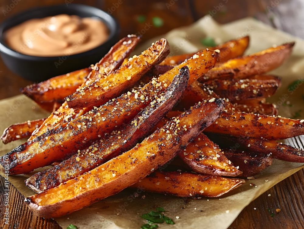Cajun sweet potato fries with a spicy seasoning, styled on a rustic wooden table with a side of chipotle mayo Cajun sweet potato fries with a spicy seasoning, styled on a rustic wooden table with a side of chipotle mayo