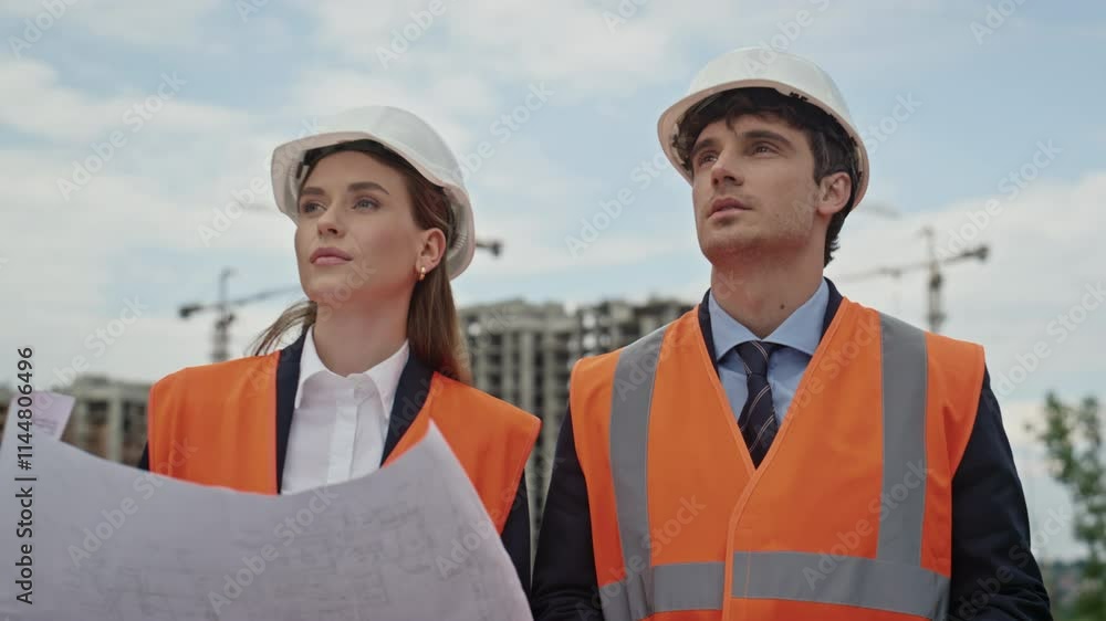 Two engineers study blueprint at city construction site closeup. Professionals Two engineers study blueprint at city construction site closeup. Professionals