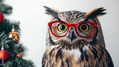 Wallpaper Mural owl christmas Portrait of an eagle owl with chrismas tree glasses on a white background animal, decoration, season, bird Torontodigital.ca