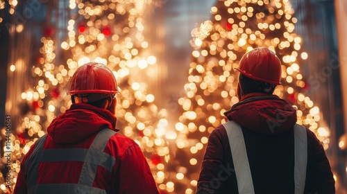 two construction workers are standing on christmas decoration construction