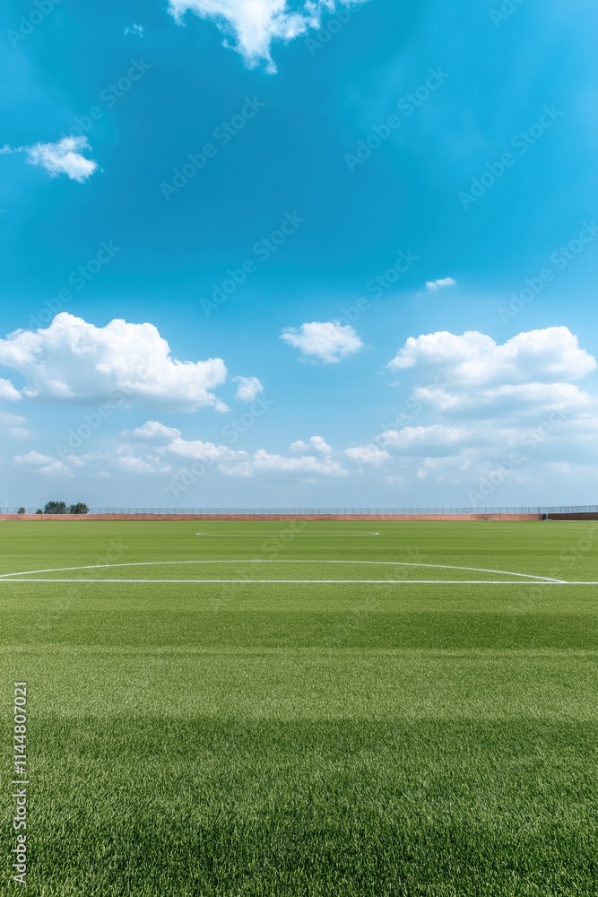 Obraz premium A field of green grass with a blue sky in the background. The sky is clear and the sun is shining brightly