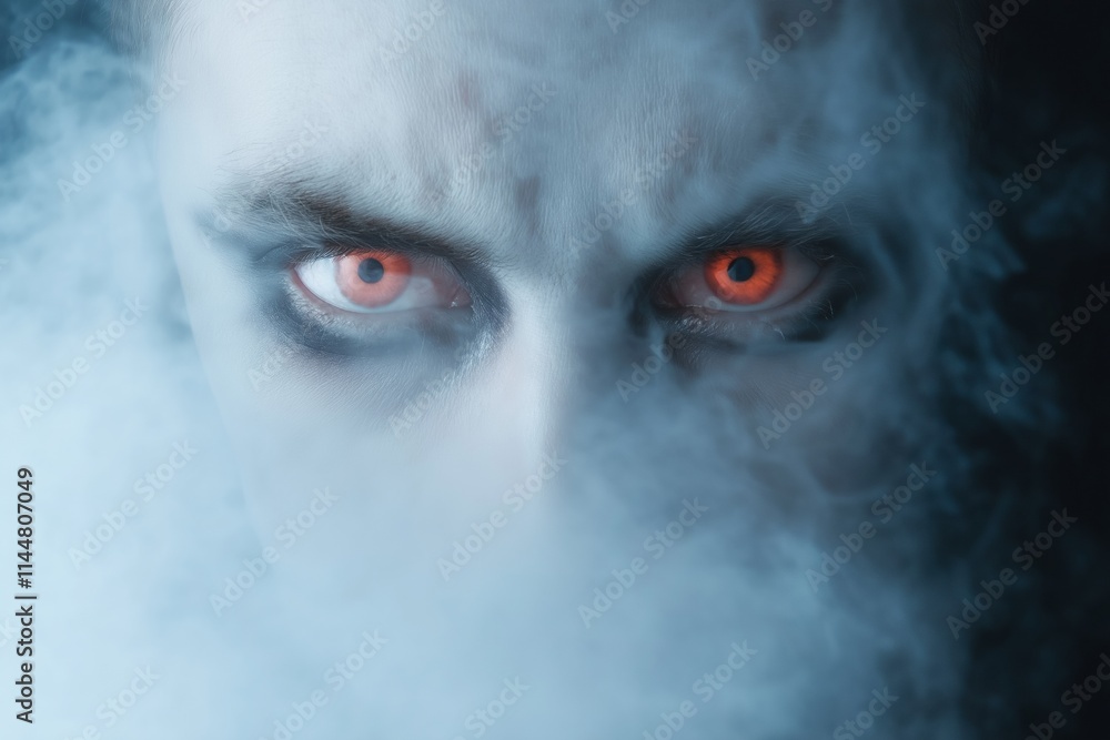 A man with red eyes and a demonic look on his face is surrounded by a thick fog. The smoke and fog create a sense of mystery and unease A man with red eyes and a demonic look on his face is surrounded by a thick fog. The smoke and fog create a sense of mystery and unease