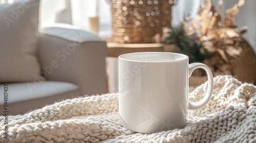 Mockup of White coffee Mug, Cozy home, Chrismas element background